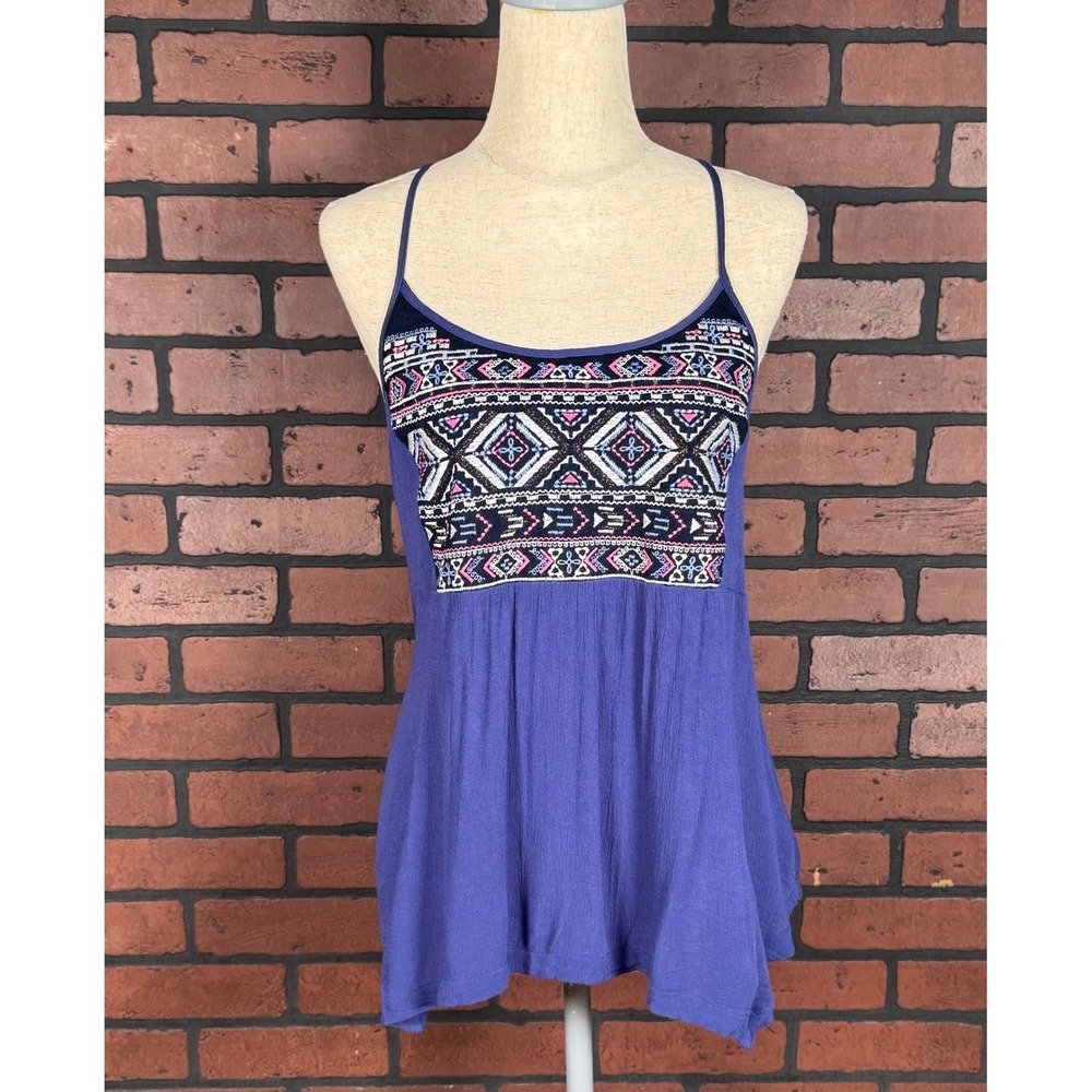 Miss Me Embroidered Cami Baby Doll Tank Top Blue Boho Tribal Festive Y2K Women M